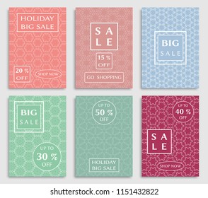 Sale banners, flyers with abstract geometric texture. Modern and vintage social media placard set for mobile website, posters, email and newsletter designs, ads, online shopping, promotional material