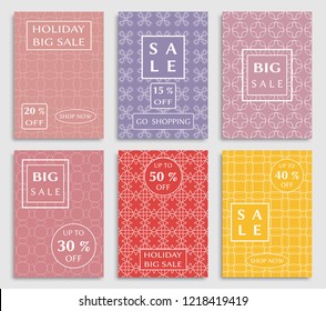 Sale banners, flyers with abstract geometric texture. Modern and vintage social media placard set for mobile website, posters, email and newsletter designs, ads, online shopping, promotional material