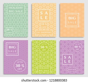 Sale banners, flyers with abstract geometric texture. Modern and vintage social media placard set for mobile website, posters, email and newsletter designs, ads, online shopping, promotional material