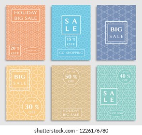 Sale banners, flyers with abstract geometric texture. Modern and vintage social media placard set for mobile website, posters, email and newsletter designs, ads, online shopping, promotional material