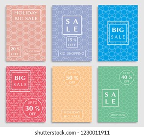 Sale banners, flyers with abstract geometric texture. Modern and vintage social media placard set for mobile website, posters, email and newsletter designs, ads, online shopping, promotional material