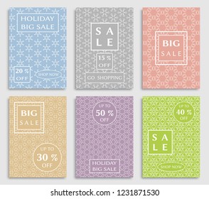 Sale banners, flyers with abstract geometric texture. Modern and vintage social media placard set for mobile website, posters, email and newsletter designs, ads, online shopping, promotional material