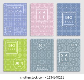 Sale banners, flyers with abstract geometric texture. Modern and vintage social media placard set for mobile website, posters, email and newsletter designs, ads, online shopping, promotional material