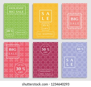 Sale banners, flyers with abstract geometric texture. Modern and vintage social media placard set for mobile website, posters, email and newsletter designs, ads, online shopping, promotional material