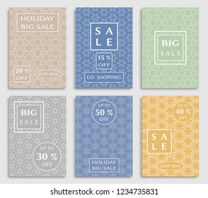 Sale banners, flyers with abstract geometric texture. Modern and vintage social media placard set for mobile website, posters, email and newsletter designs, ads, online shopping, promotional material
