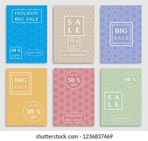 Sale banners, flyers with abstract geometric texture. Modern and vintage social media placard set for mobile website, posters, email and newsletter designs, ads, online shopping, promotional material