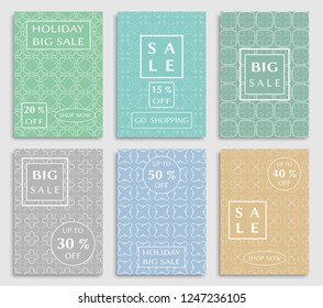 Sale banners, flyers with abstract geometric texture. Modern and vintage social media placard set for mobile website, posters, email and newsletter designs, ads, online shopping, promotional material
