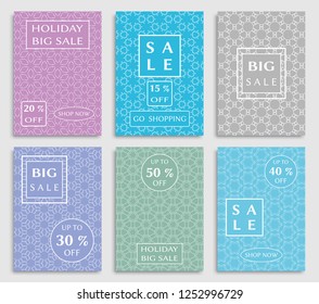 Sale banners, flyers with abstract geometric texture. Modern and vintage social media placard set for mobile website, posters, email and newsletter designs, ads, online shopping, promotional material