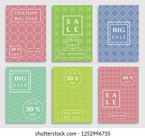 Sale banners, flyers with abstract geometric texture. Modern and vintage social media placard set for mobile website, posters, email and newsletter designs, ads, online shopping, promotional material