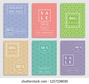 Sale banners, flyers with abstract geometric texture. Modern and vintage social media placard set for mobile website, posters, email and newsletter designs, ads, online shopping, promotional material