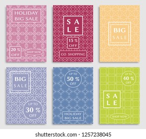 Sale banners, flyers with abstract geometric texture. Modern and vintage social media placard set for mobile website, posters, email and newsletter designs, ads, online shopping, promotional material