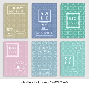 Sale banners, flyers with abstract geometric texture. Modern and vintage social media placard set for mobile website, posters, email and newsletter designs, ads, online shopping, promotional material