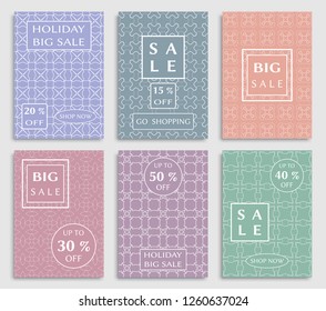 Sale banners, flyers with abstract geometric texture. Modern and vintage social media placard set for mobile website, posters, email and newsletter designs, ads, online shopping, promotional material