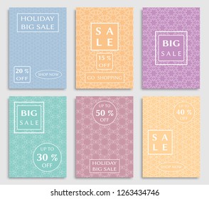 Sale banners, flyers with abstract geometric texture. Modern and vintage social media placard set for mobile website, posters, email and newsletter designs, ads, online shopping, promotional material