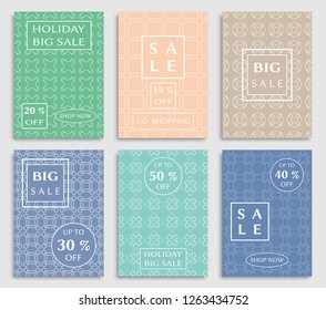 Sale banners, flyers with abstract geometric texture. Modern and vintage social media placard set for mobile website, posters, email and newsletter designs, ads, online shopping, promotional material