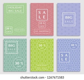 Sale banners, flyers with abstract geometric texture. Modern and vintage social media placard set for mobile website, posters, email and newsletter designs, ads, online shopping, promotional material