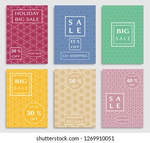 Sale banners, flyers with abstract geometric texture. Modern and vintage social media placard set for mobile website, posters, email and newsletter designs, ads, online shopping, promotional material
