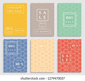 Sale banners, flyers with abstract geometric texture. Modern and vintage social media placard set for mobile website, posters, email and newsletter designs, ads, online shopping, promotional material