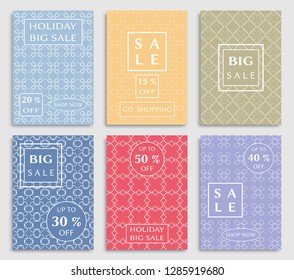 Sale banners, flyers with abstract geometric texture. Modern and vintage social media placard set for mobile website, posters, email and newsletter designs, ads, online shopping, promotional material