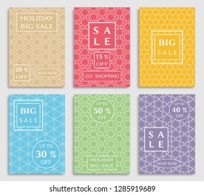 Sale banners, flyers with abstract geometric texture. Modern and vintage social media placard set for mobile website, posters, email and newsletter designs, ads, online shopping, promotional material
