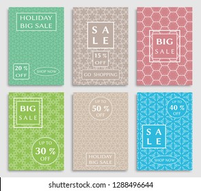 Sale banners, flyers with abstract geometric texture. Modern and vintage social media placard set for mobile website, posters, email and newsletter designs, ads, online shopping, promotional material