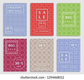 Sale banners, flyers with abstract geometric texture. Modern and vintage social media placard set for mobile website, posters, email and newsletter designs, ads, online shopping, promotional material