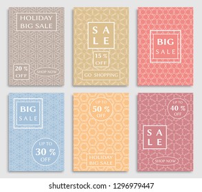 Sale banners, flyers with abstract geometric texture. Modern and vintage social media placard set for mobile website, posters, email and newsletter designs, ads, online shopping, promotional material