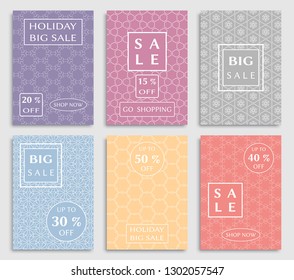 Sale banners, flyers with abstract geometric texture. Modern and vintage social media placard set for mobile website, posters, email and newsletter designs, ads, online shopping, promotional material