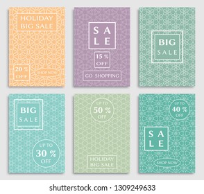 Sale banners, flyers with abstract geometric texture. Modern and vintage social media placard set for mobile website, posters, email and newsletter designs, ads, online shopping, promotional material