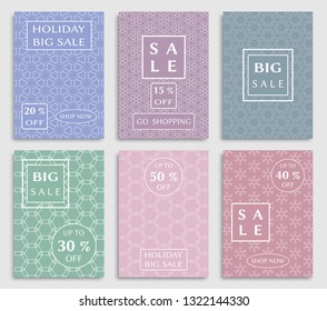 Sale banners, flyers with abstract geometric texture. Modern and vintage social media placard set for mobile website, posters, email and newsletter designs, ads, online shopping, promotional material