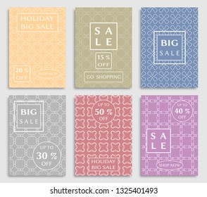 Sale banners, flyers with abstract geometric texture. Modern and vintage social media placard set for mobile website, posters, email and newsletter designs, ads, online shopping, promotional material