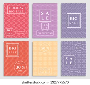 Sale banners, flyers with abstract geometric texture. Modern and vintage social media placard set for mobile website, posters, email and newsletter designs, ads, online shopping, promotional material