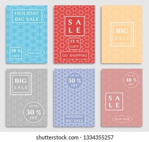 Sale banners, flyers with abstract geometric texture. Modern and vintage social media placard set for mobile website, posters, email and newsletter designs, ads, online shopping, promotional material