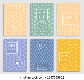 Sale banners, flyers with abstract geometric texture. Modern and vintage social media placard set for mobile website, posters, email and newsletter designs, ads, online shopping, promotional material