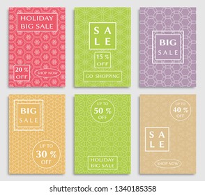 Sale banners, flyers with abstract geometric texture. Modern and vintage social media placard set for mobile website, posters, email and newsletter designs, ads, online shopping, promotional material