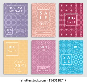 Sale banners, flyers with abstract geometric texture. Modern and vintage social media placard set for mobile website, posters, email and newsletter designs, ads, online shopping, promotional material