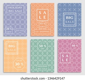 Sale banners, flyers with abstract geometric texture. Modern and vintage social media placard set for mobile website, posters, email and newsletter designs, ads, online shopping, promotional material