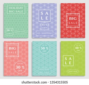 Sale banners, flyers with abstract geometric texture. Modern and vintage social media placard set for mobile website, posters, email and newsletter designs, ads, online shopping, promotional material