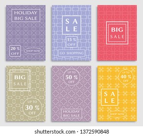 Sale banners, flyers with abstract geometric texture. Modern and vintage social media placard set for mobile website, posters, email and newsletter designs, ads, online shopping, promotional material
