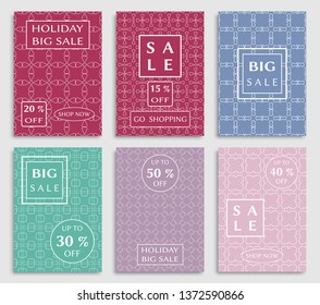 Sale banners, flyers with abstract geometric texture. Modern and vintage social media placard set for mobile website, posters, email and newsletter designs, ads, online shopping, promotional material