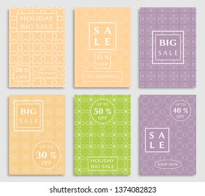 Sale banners, flyers with abstract geometric texture. Modern and vintage social media placard set for mobile website, posters, email and newsletter designs, ads, online shopping, promotional material