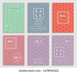 Sale banners, flyers with abstract geometric texture. Modern and vintage social media placard set for mobile website, posters, email and newsletter designs, ads, online shopping, promotional material