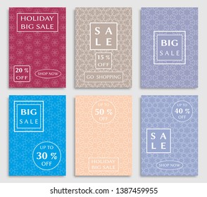 Sale banners, flyers with abstract geometric texture. Modern and vintage social media placard set for mobile website, posters, email and newsletter designs, ads, online shopping, promotional material
