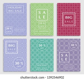 Sale banners, flyers with abstract geometric texture. Modern and vintage social media placard set for mobile website, posters, email and newsletter designs, ads, online shopping, promotional material
