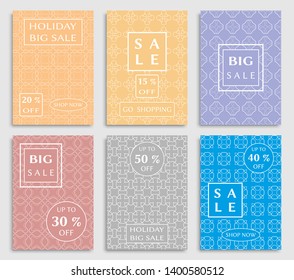 Sale banners, flyers with abstract geometric texture. Modern and vintage social media placard set for mobile website, posters, email and newsletter designs, ads, online shopping, promotional material