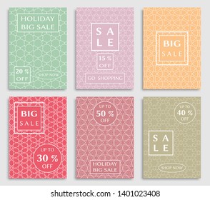 Sale banners, flyers with abstract geometric texture. Modern and vintage social media placard set for mobile website, posters, email and newsletter designs, ads, online shopping, promotional material