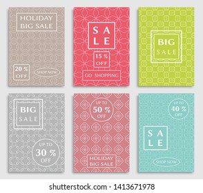 Sale banners, flyers with abstract geometric texture. Modern and vintage social media placard set for mobile website, posters, email and newsletter designs, ads, online shopping, promotional material