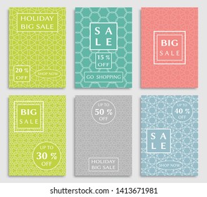 Sale banners, flyers with abstract geometric texture. Modern and vintage social media placard set for mobile website, posters, email and newsletter designs, ads, online shopping, promotional material