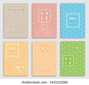 Sale banners, flyers with abstract geometric texture. Modern and vintage social media placard set for mobile website, posters, email and newsletter designs, ads, online shopping, promotional material