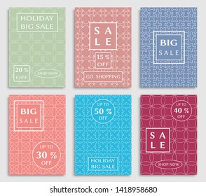 Sale banners, flyers with abstract geometric texture. Modern and vintage social media placard set for mobile website, posters, email and newsletter designs, ads, online shopping, promotional material
